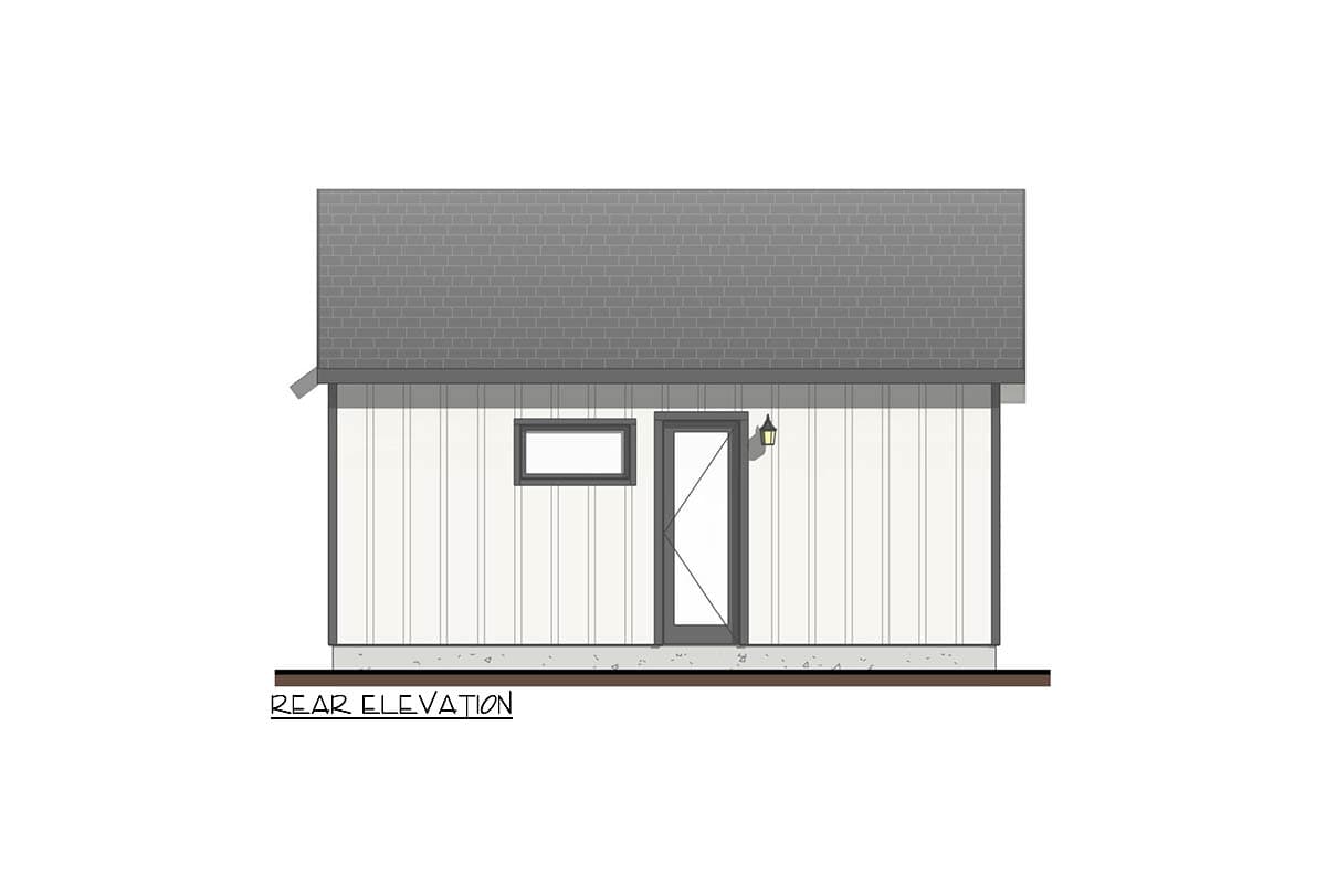 Rear elevation drawing of a house with vertical siding, a door, a small window, and a pitched roof.