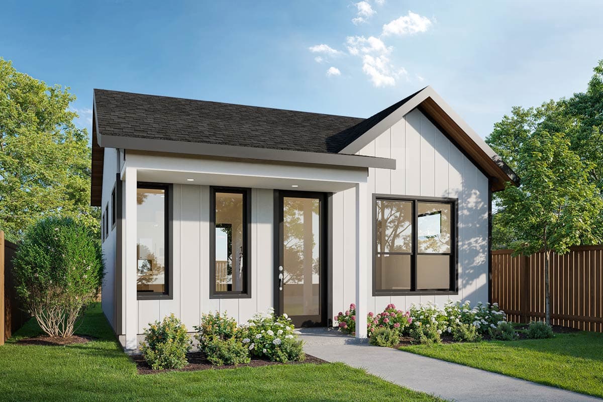 House plan exterior. Modern style, one-story home with gabled roof, vertical siding, and large windows. Includes covered entry.