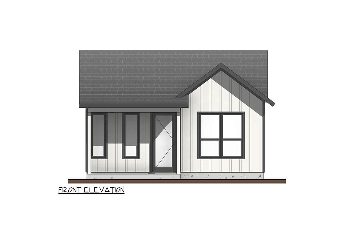 Front elevation drawing of a Modern Farmhouse style house plan with a covered porch and gable.