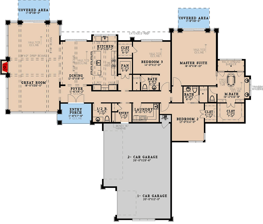 Plan 70915MK: 3-Bed Mid Century Modern House Plan with Vaulted Great Room - 2849 Sq Ft - Floor Plan - Main Level - Contemporary, Mid Century Modern