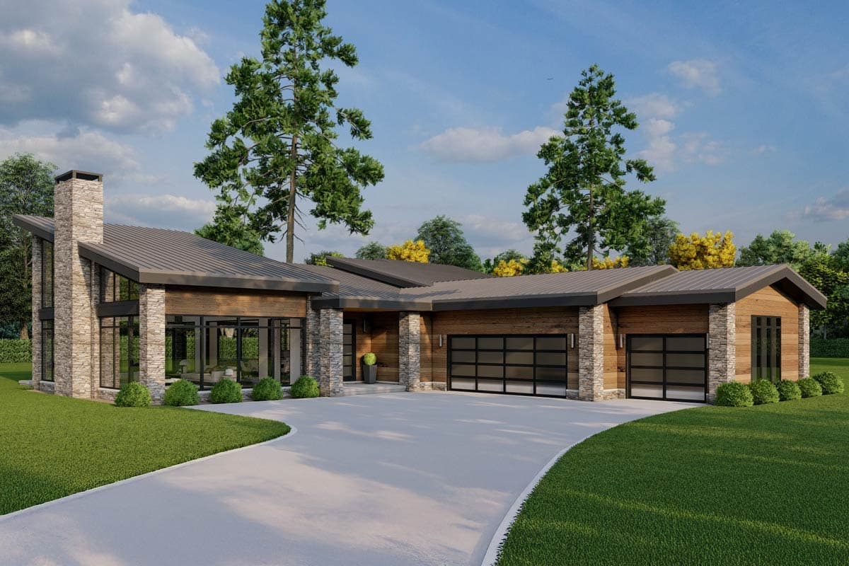House plan exterior. Modern style, single story. Features include a stone chimney, clerestory windows, and a metal roof. A two-car garage is visible.