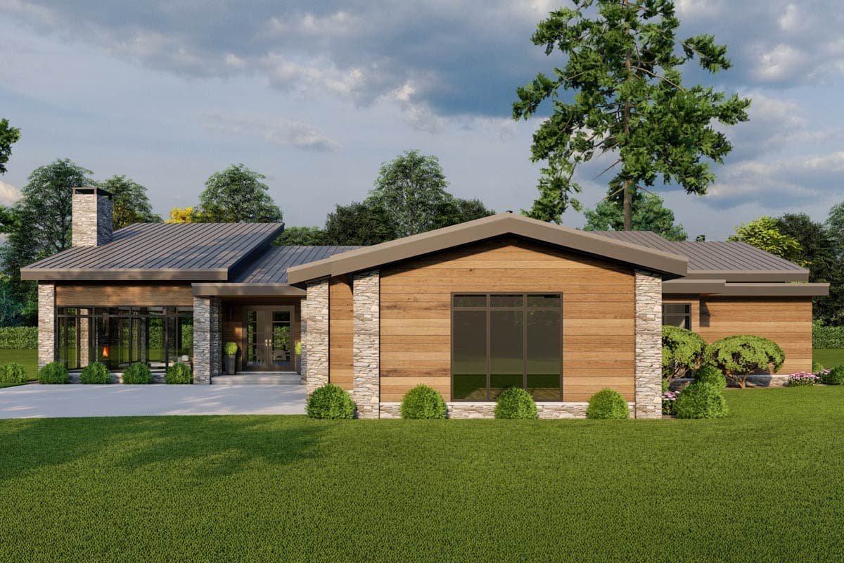 Modern ranch house plan exterior with stone and wood siding, metal roof, large windows, and prominent chimney.