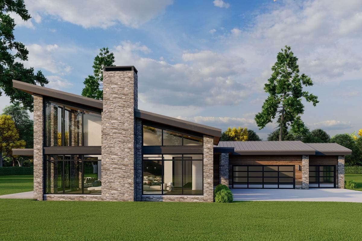Modern house plan exterior with stone accents, large glass windows, angular rooflines, and a three-car garage.