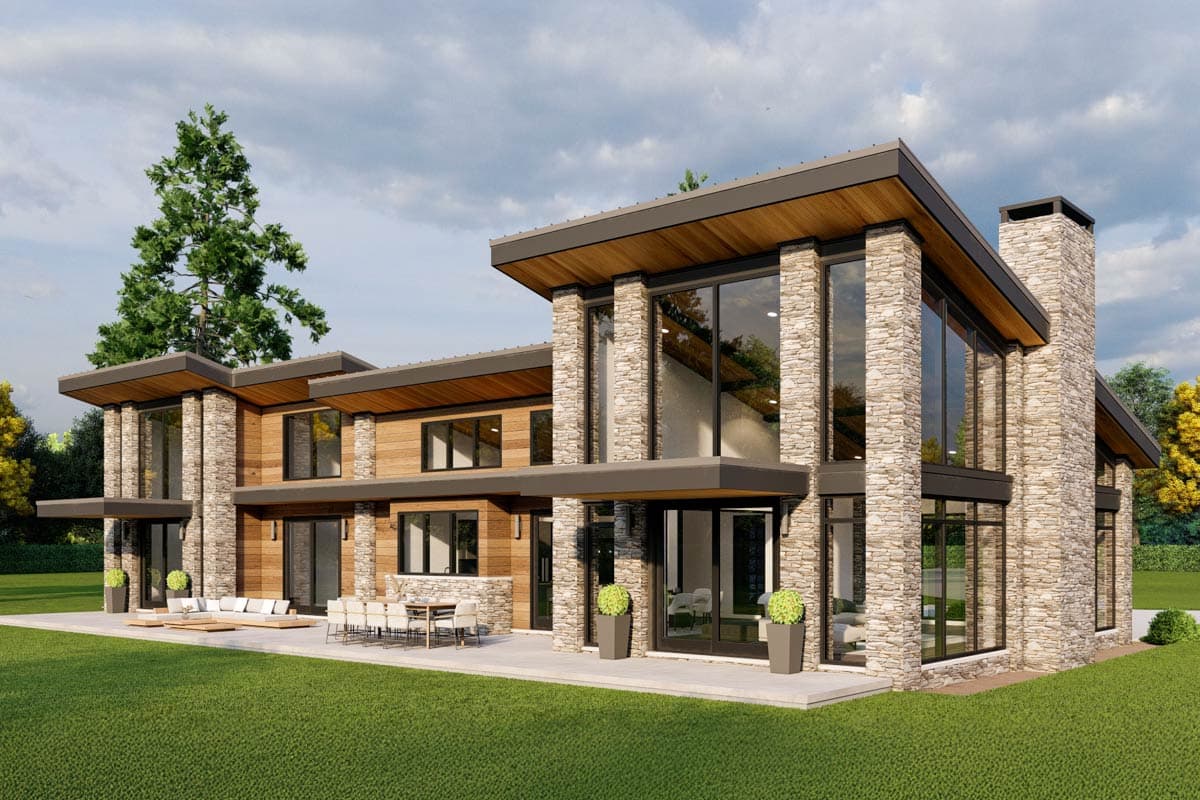 Modern house plan exterior with stone accents, wood siding, cantilevered rooflines, and extensive glass walls.