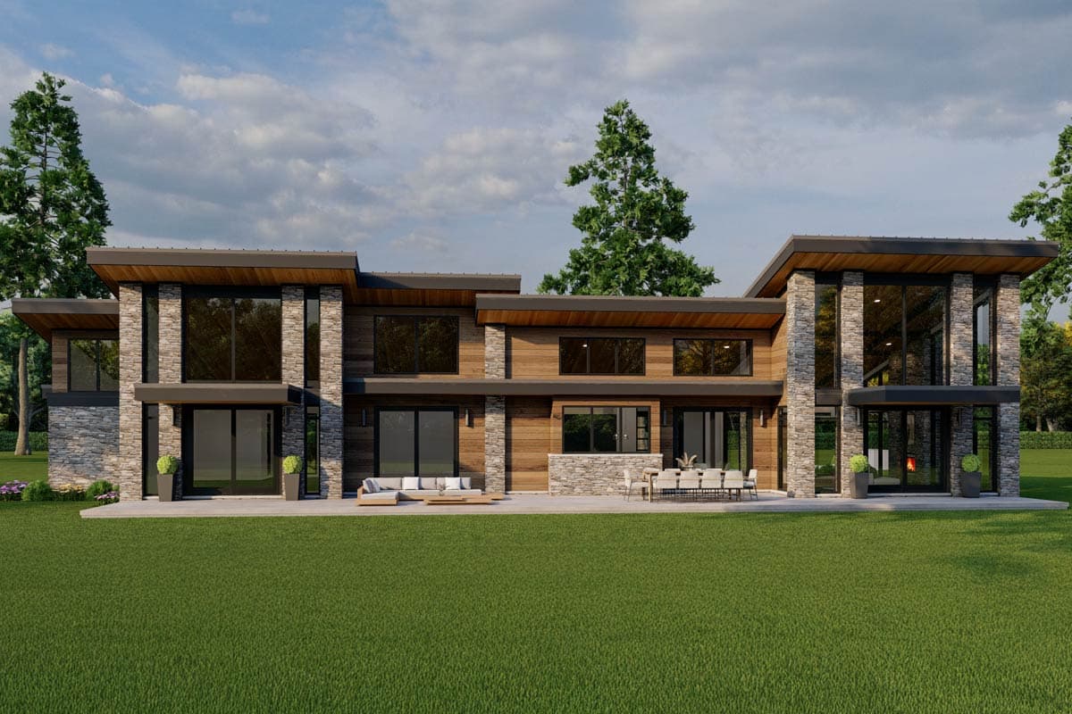 Modern house plan exterior with stone and wood siding, flat rooflines, and large windows.