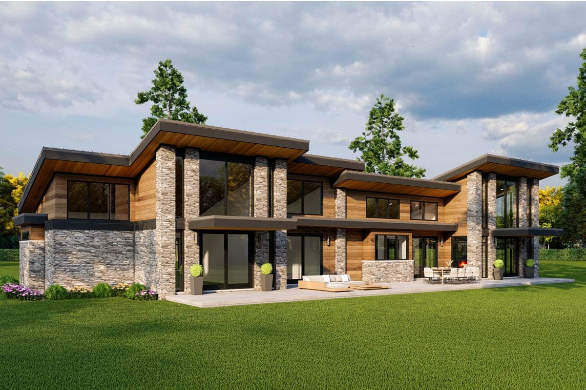 Modern house plan exterior with stone and wood siding, flat rooflines, and large windows.