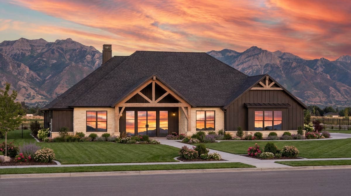 House plan exterior. One-story Modern Farmhouse with a gable roof, timber-framed porch, and dark siding accents.