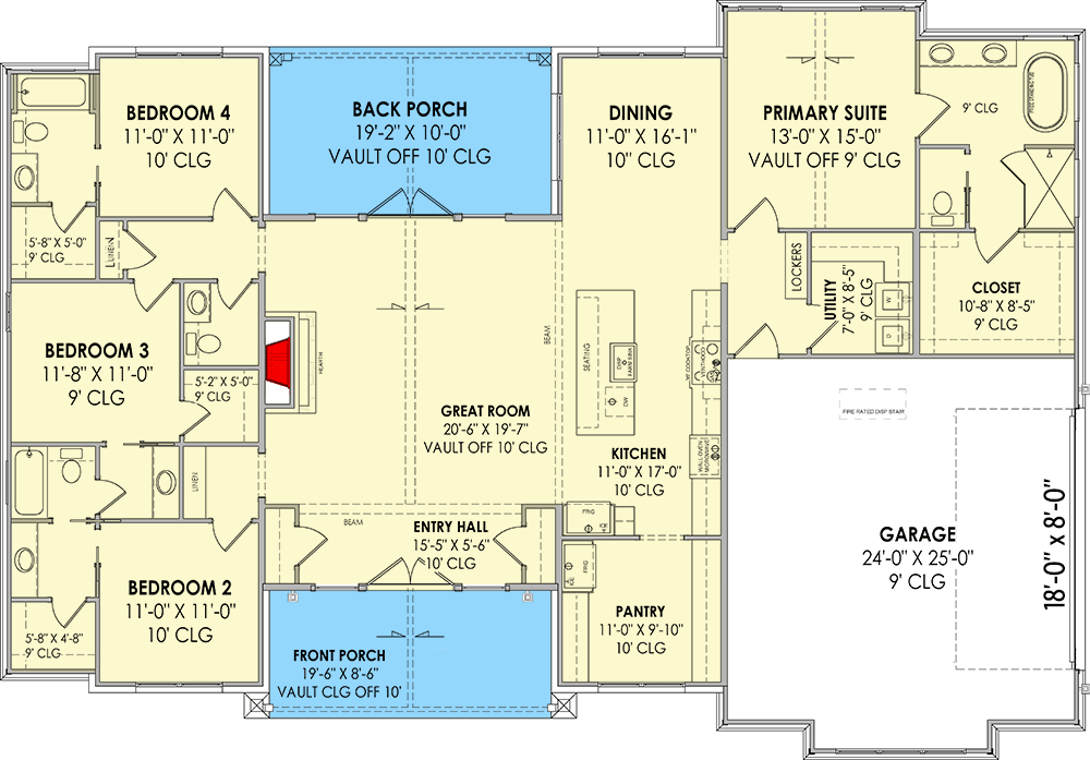 Plan 818160JSS: Contemporary Craftsman House Plan with 4-Bedrooms - 2376 Sq Ft - Floor Plan - Main Level - Contemporary, Craftsman, New American, Ranch, Transitional