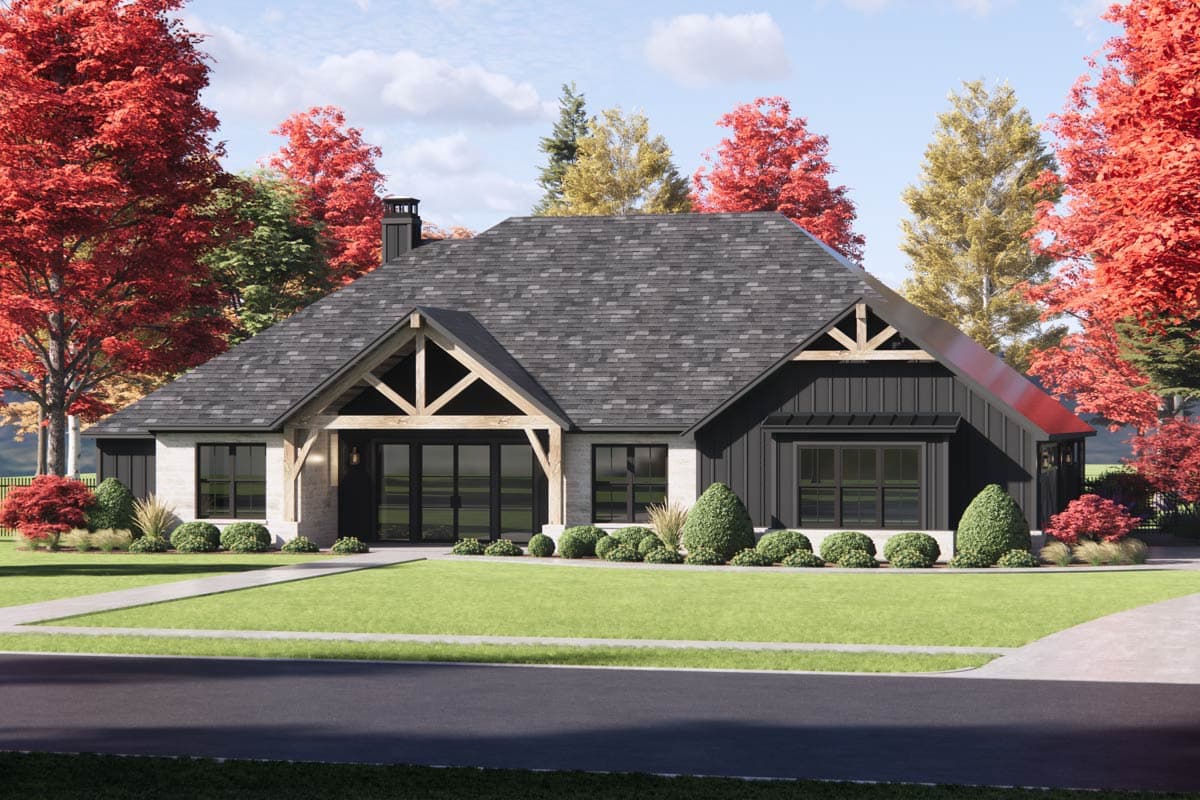 House plan exterior: Modern Farmhouse style with stone and vertical siding, gable roof, and exposed wood beams over entryway.