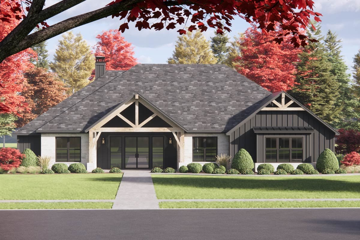 House plan exterior: Modern Farmhouse style, one story, with gabled entrance, timber accents, brick and board-and-batten siding.