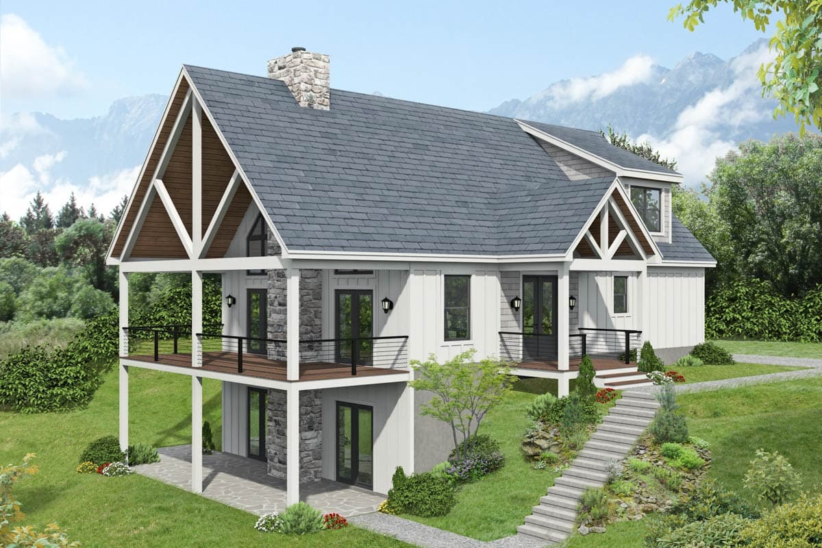 House plan exterior with two stories, a gable roof, stacked stone accents, and a covered deck with black railing.