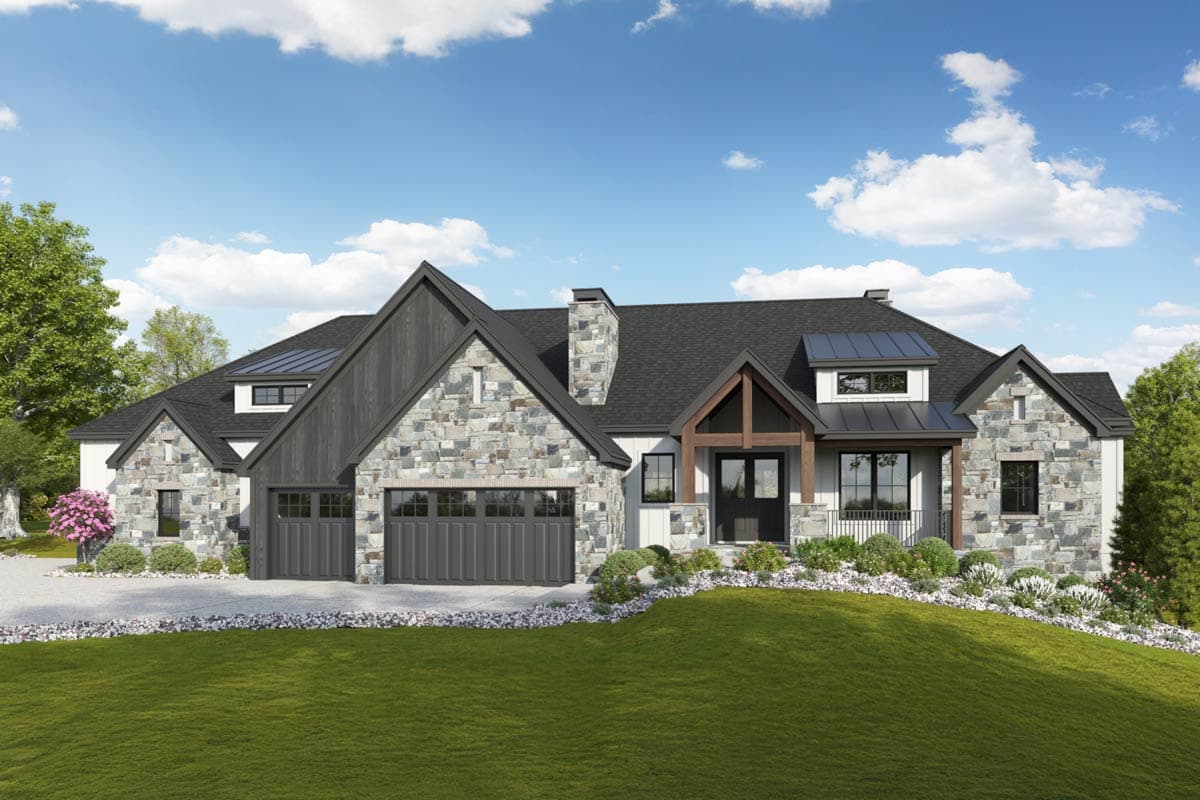 House plan exterior rendering, Modern Farmhouse style. Features include stone facade, multiple gables, a covered entry porch, and a two-car garage.