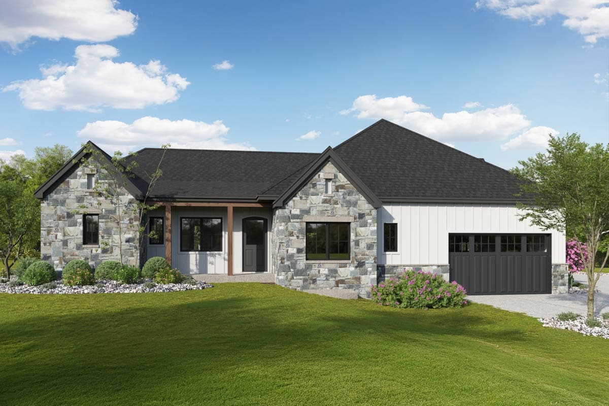 Modern Farmhouse style house plan exterior with stone and board-and-batten siding, covered entry, and attached garage.
