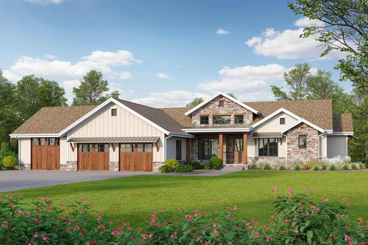 House plan exterior with Craftsman style. Features include stone accents, gabled rooflines, and a three-car garage with awning-style doors.