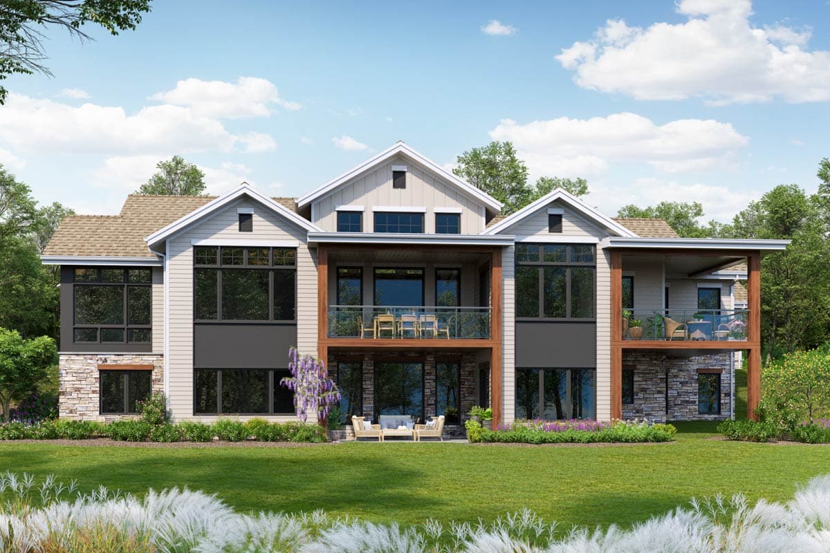 House plan exterior: Contemporary style with multiple gables, large windows, and covered balconies.