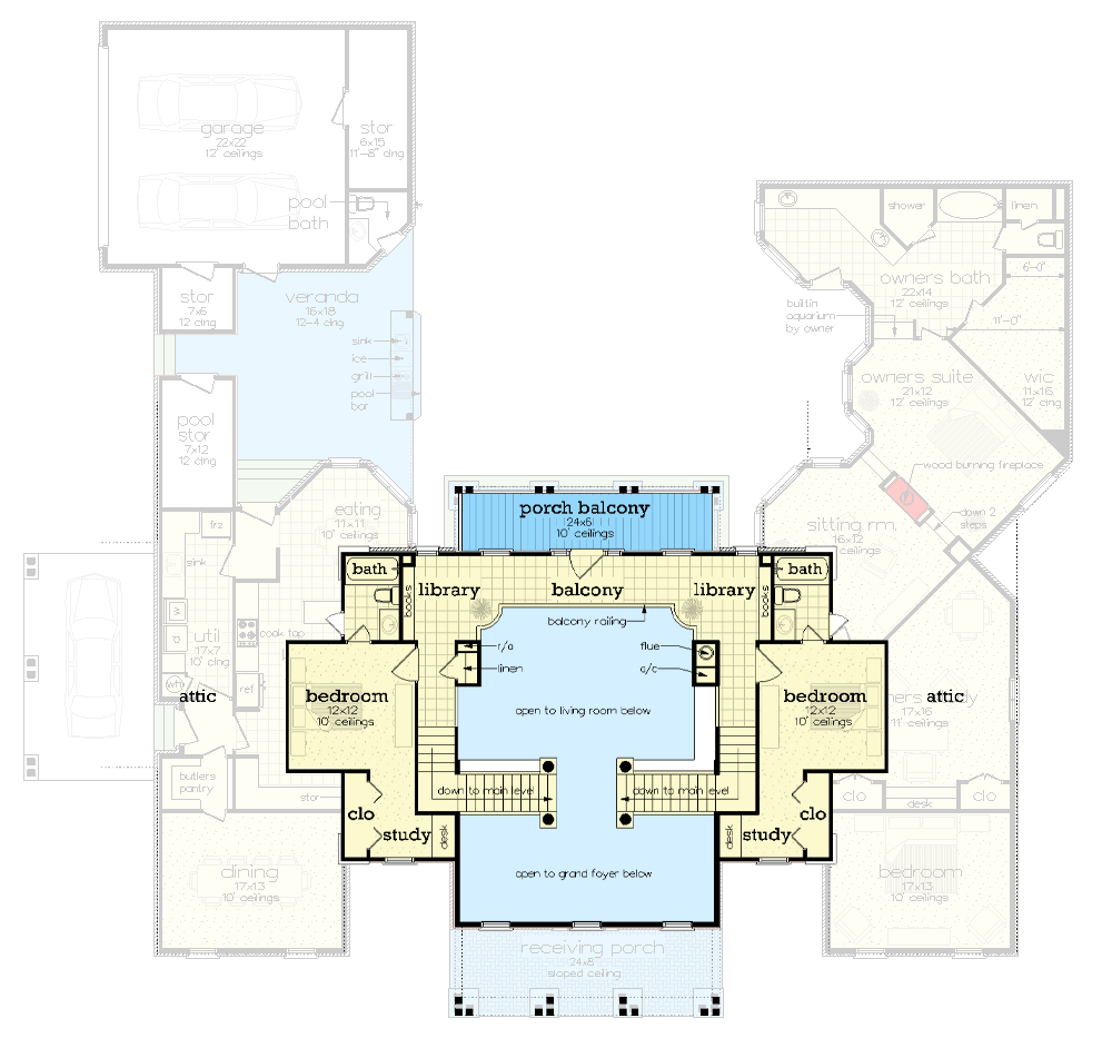 Plan 55243BR: 4-Bed Southern Farmhouse with a Two-Story Great Room - 4242 Sq Ft - Floor Plan - 2nd Floor - Colonial, Modern Farmhouse, Southern, Transitional