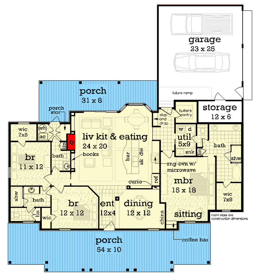 Plan 55244BR: 3-Bed Southern Cottage House Plan Jack and Jill Bathroom - 1892 Sq Ft - Floor Plan - Main Level - Cottage, Country, Southern, Traditional