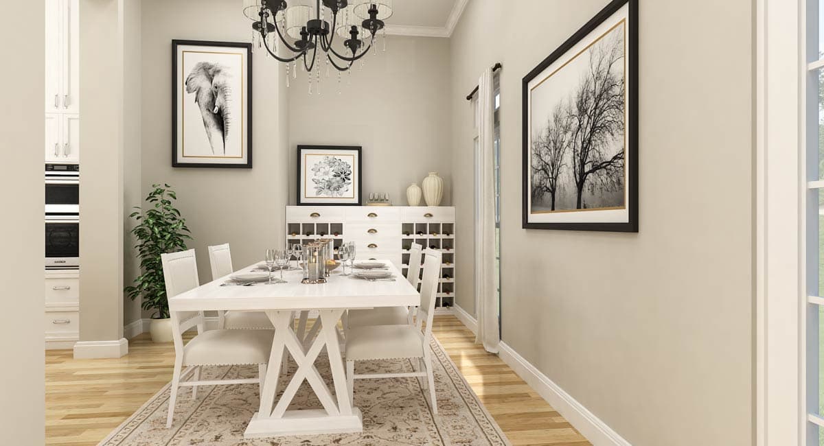 Dining room with white table set for six, buffet with wine cubbies, chandelier, and framed art.