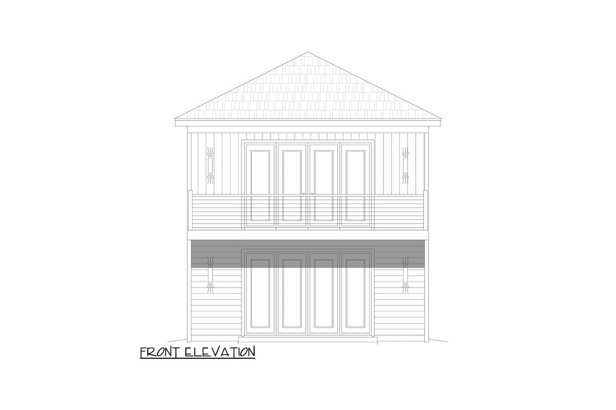 Front elevation drawing of a two-story house plan featuring a covered balcony and multiple sets of French doors.