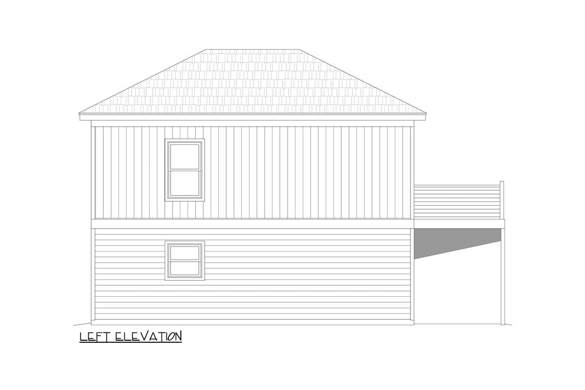 Left elevation drawing of a two-story house plan with siding, two windows per story, and a deck.