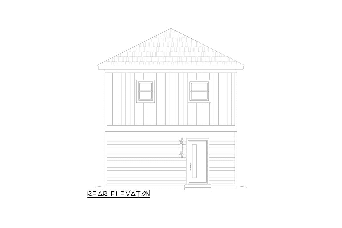 Rear elevation drawing of a two-story house with horizontal siding on the first floor and vertical siding on the second.