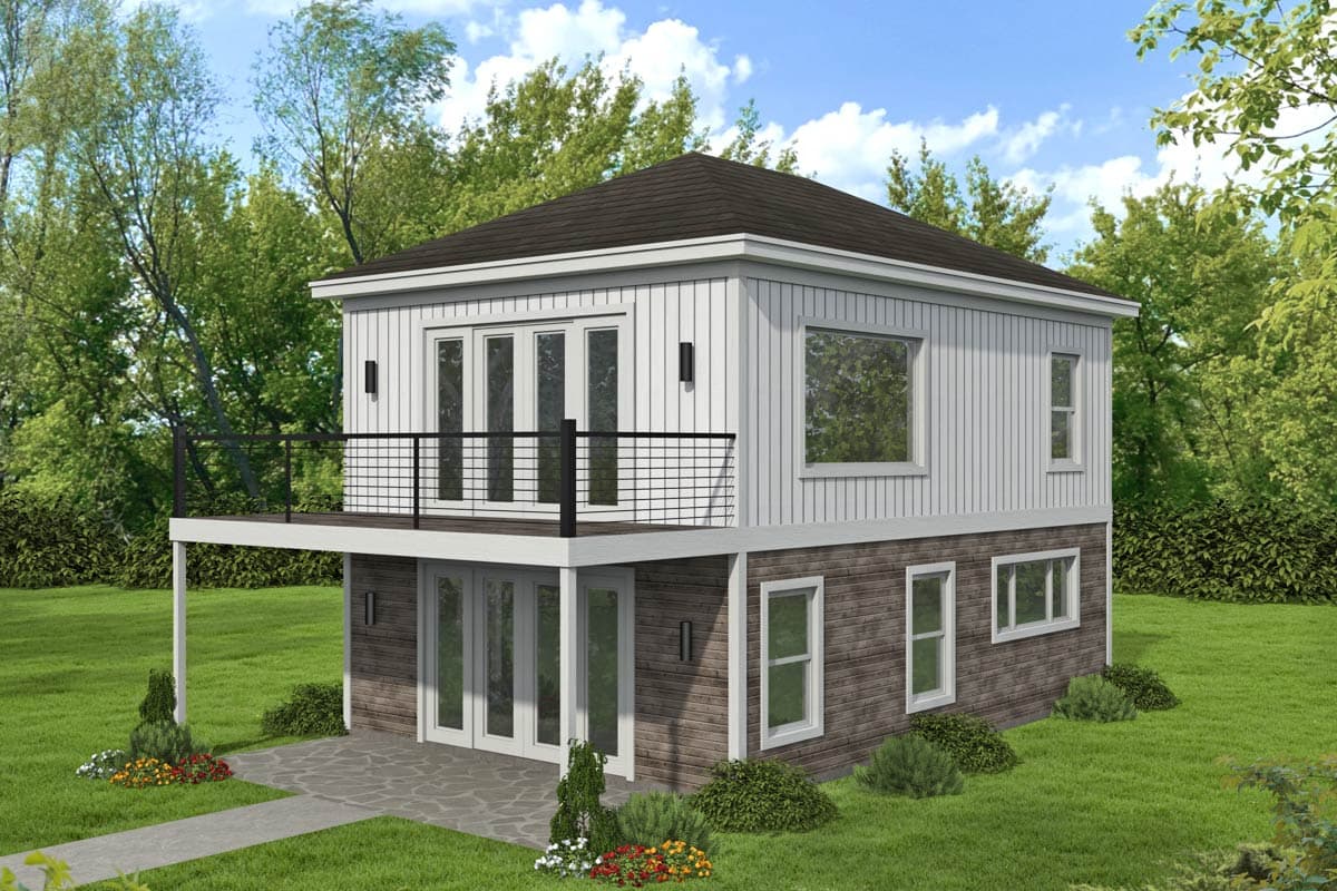 House plan exterior. Two-story structure with a flat roof. Features include a deck with metal railing, glass doors, and a wood-look siding base.
