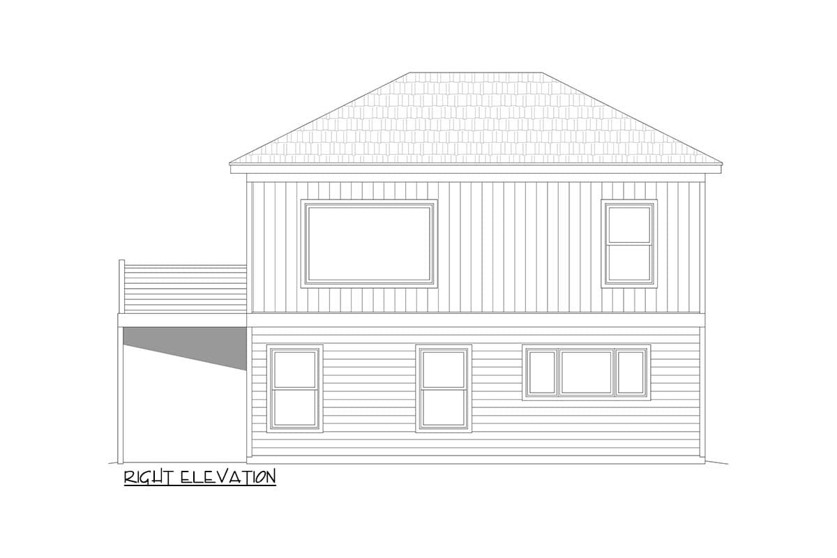 Right elevation of a two-story house plan, showing siding, roofline, deck, and multiple windows.