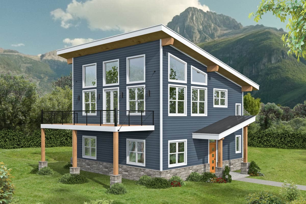 House plan exterior with modern design. Features a two-story structure, large windows, a cantilevered deck, and an entry porch with a shed roof.