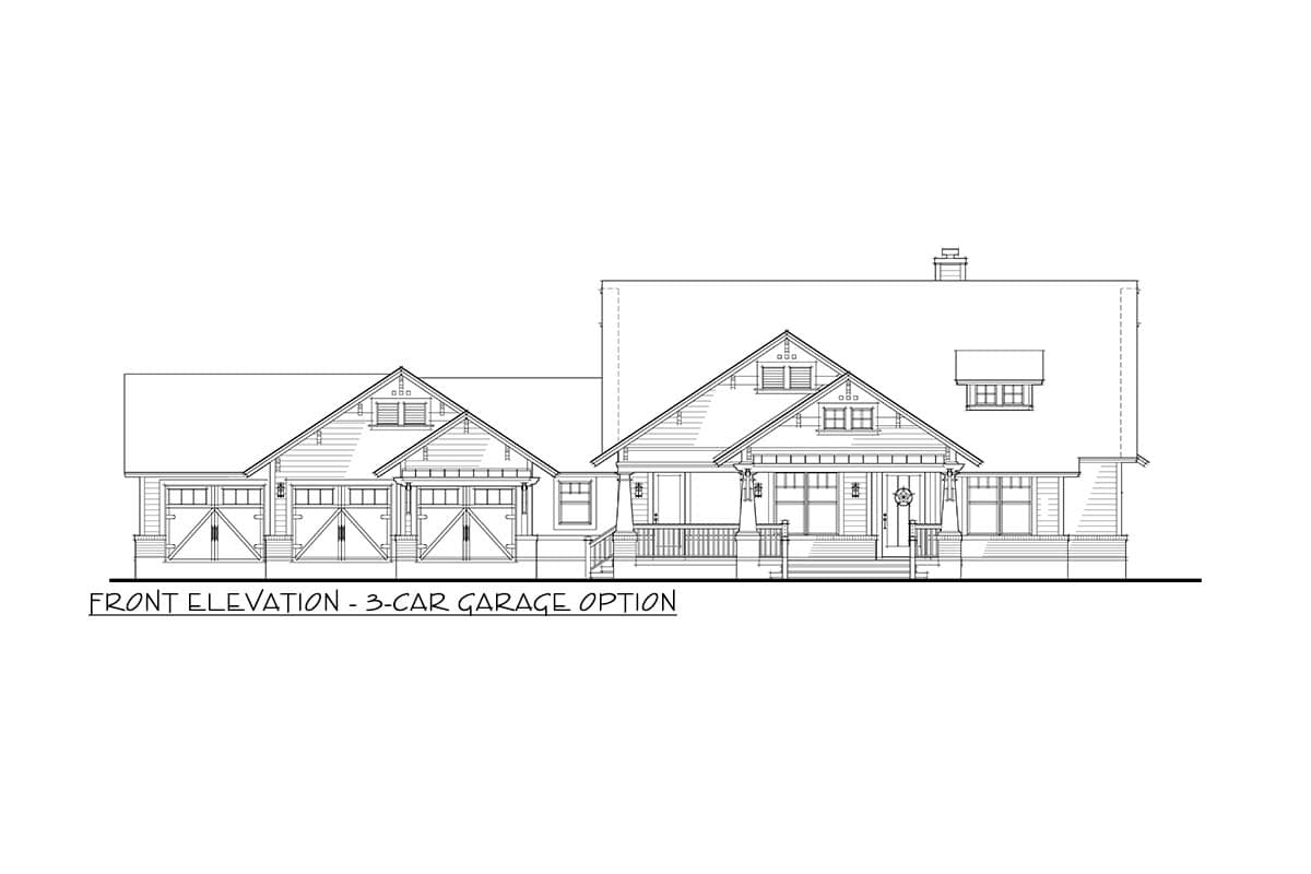 Front elevation sketch of a house, featuring a three-car garage and a front porch. Windows, doors, and roof details are also visible.