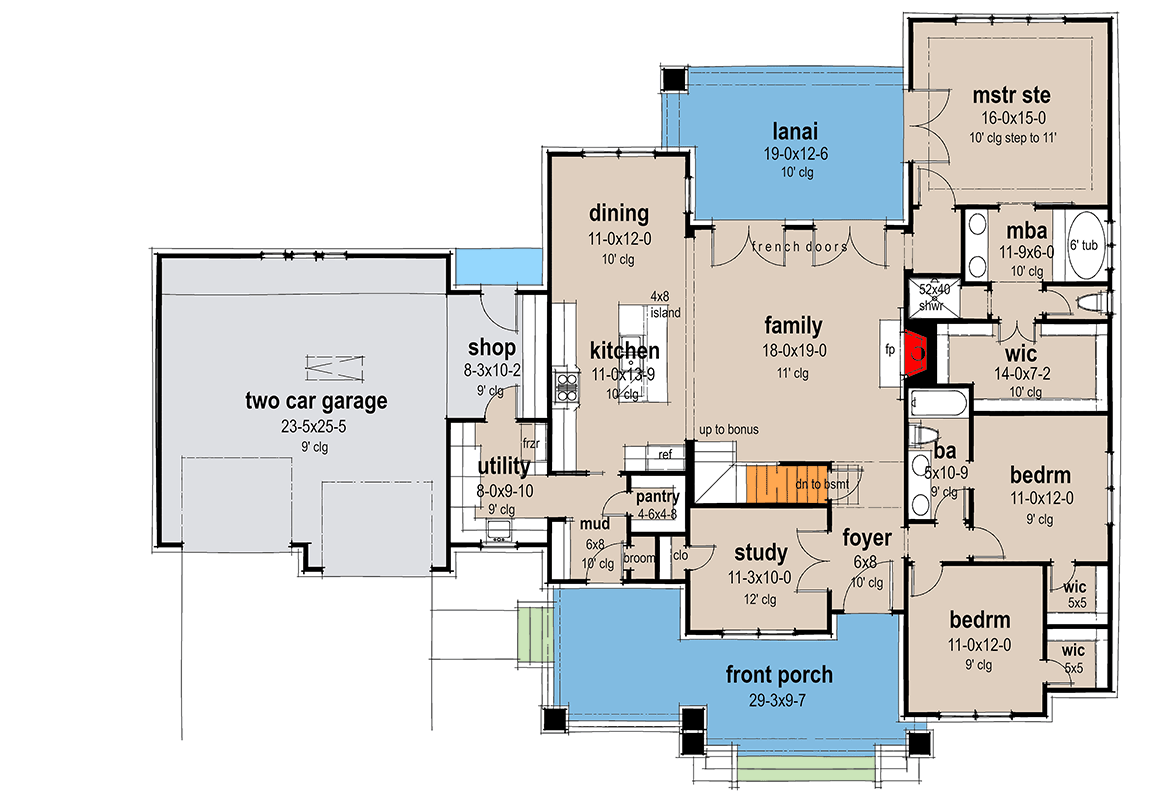 Plan 16937WG: 3-Bed Craftsman House Plan with Home Office and Bonus Room - 2036 Sq Ft - Floor Plan - Main Level - Bungalow, Craftsman, Traditional