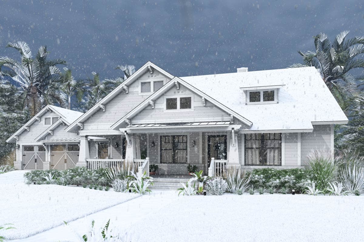 A snowy winter scene depicts a gray house with a porch, covered in snow. Palm trees are visible, and snow falls from a dark gray sky.