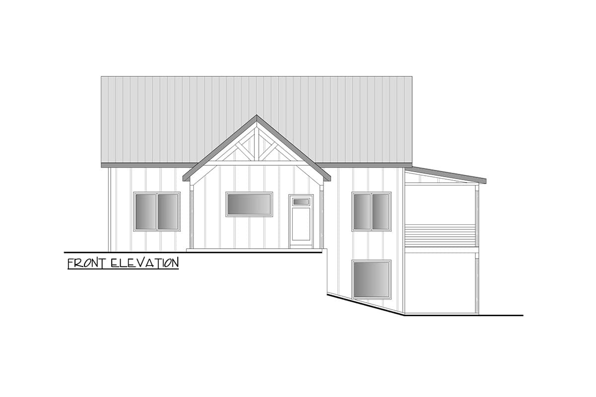 Front elevation drawing of a one-story house with a metal roof, gabled entry, and covered porch.