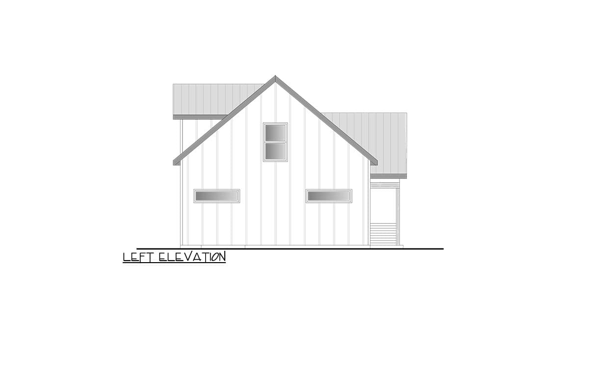 Left elevation drawing of a two-story house plan with vertical siding, gabled roof, and porch.