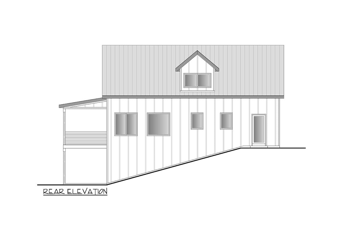 Rear elevation house plan shows a two-story building with a metal roof, dormer, covered porch, multiple windows, and a door.
