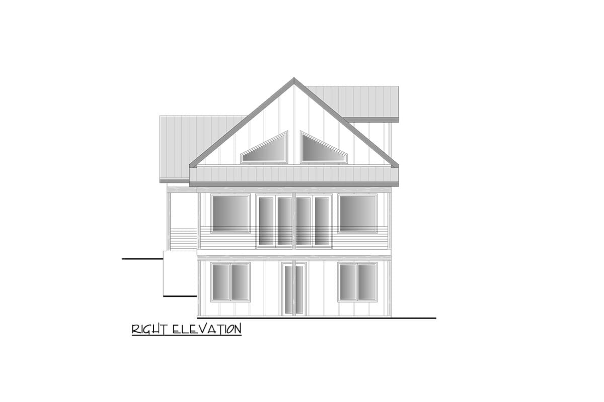 Right elevation drawing of a multi-story house with a prominent gable, large windows, and a metal roof.