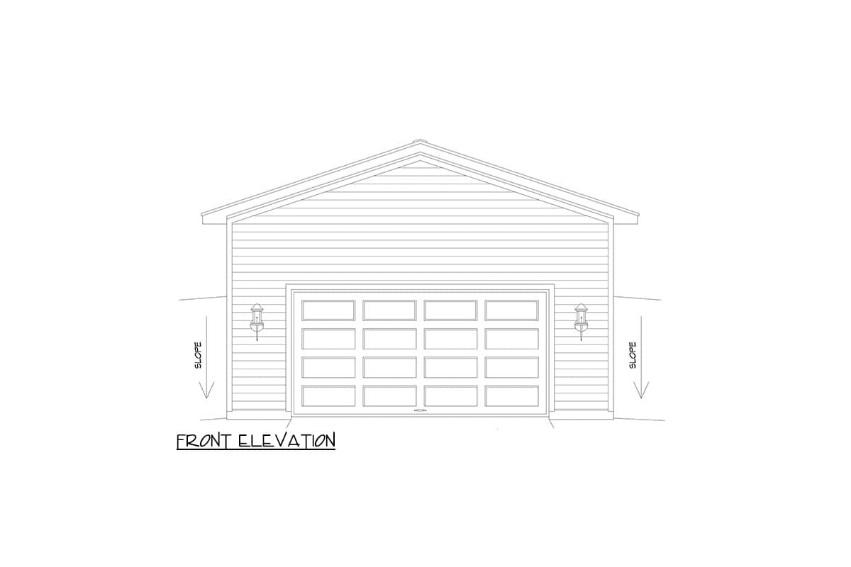 Front elevation drawing of a garage with a pitched roof, horizontal siding, and a segmented garage door with windows.