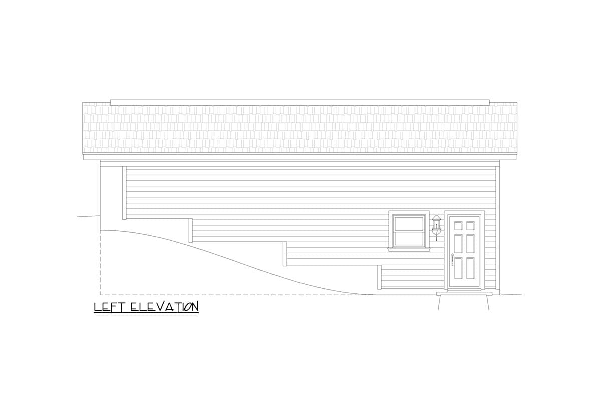 Left elevation drawing of a house with horizontal siding, a window, and a double door with a bird feeder.