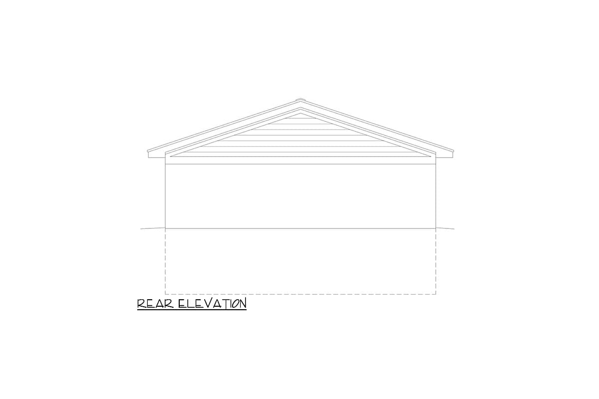 Rear elevation drawing of a house with a gabled roof and horizontal siding.