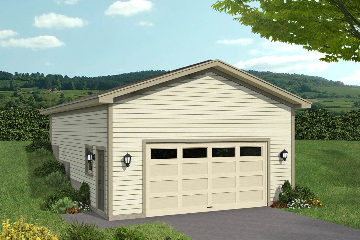 House plan exterior with gable roof, single garage door, and siding. Includes a small entry door and two exterior wall-mounted lights.