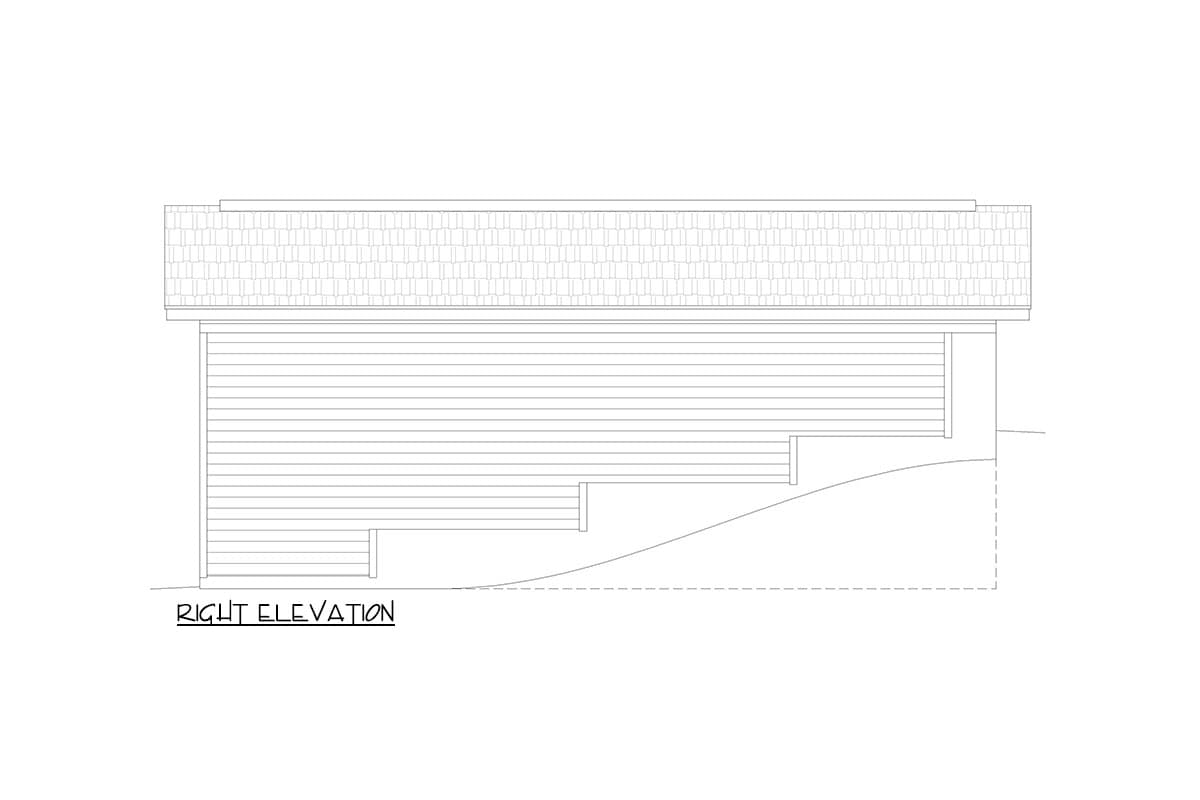 Right elevation drawing of a house plan showing horizontal siding, a shingled roof, and stepped foundation detail.