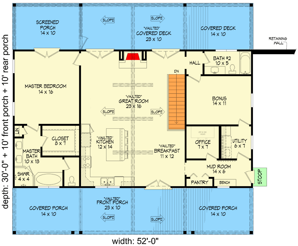 Plan 680537VR: 5-Bed Country House Plan with Rear Vaulted Porch - 3120 Sq Ft - Floor Plan - Main Level - Country, Mountain