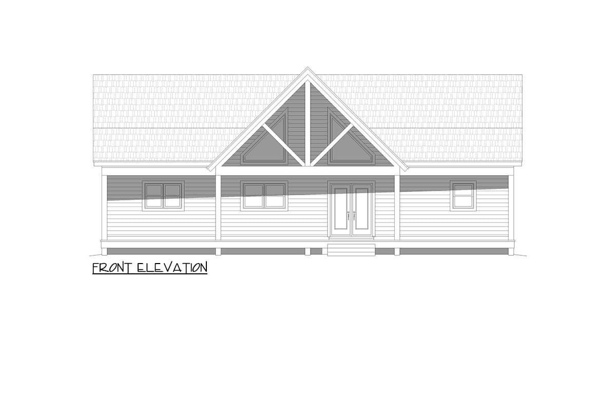 Front elevation drawing of a one-story house with a prominent gabled entry, covered porch, and double doors.