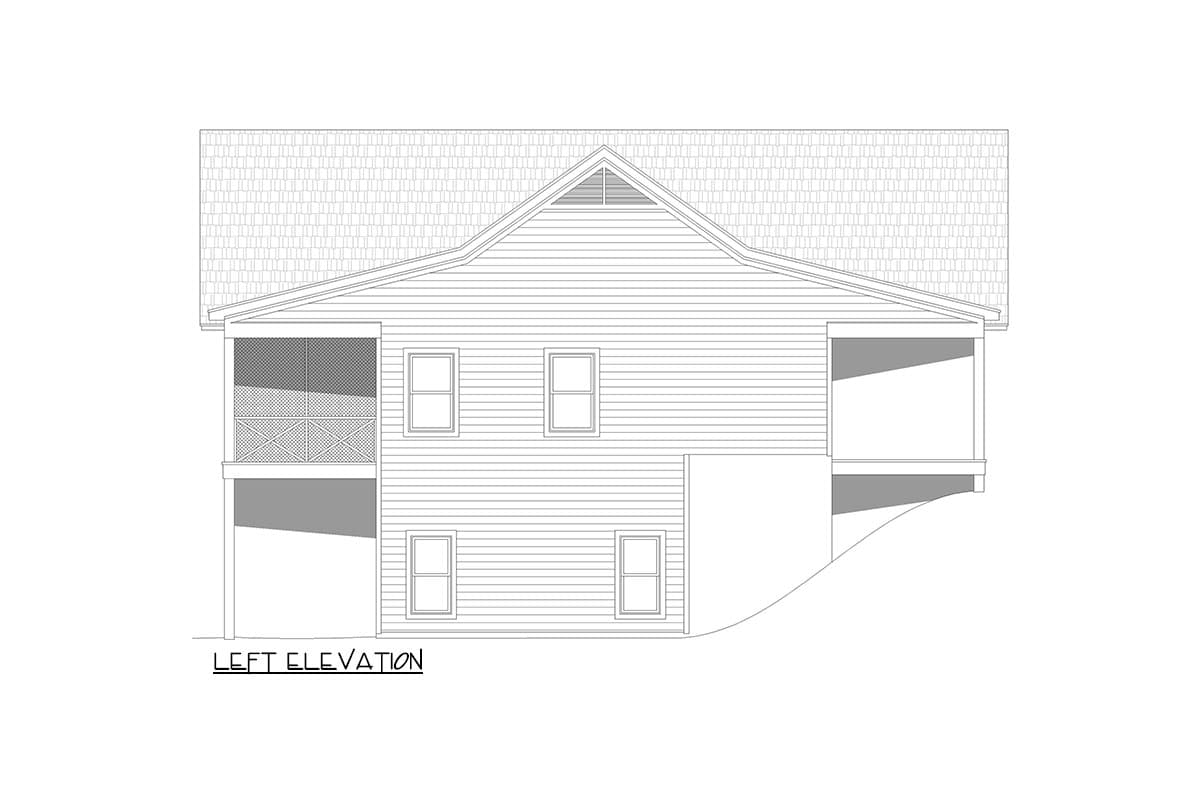 Left elevation house plan showing two stories, gable vent, siding, and covered porches with decorative railing.