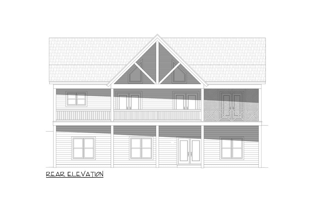 Rear elevation drawing of a two-story house with a prominent gable, full-width upper deck, and covered lower patio.