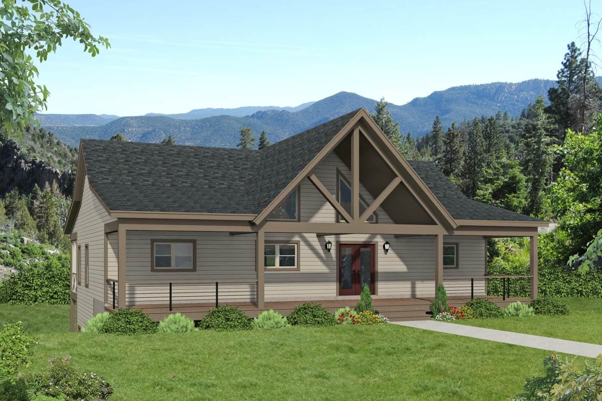 House plan exterior. One-story lodge style home with gabled roof, exposed timber framing above the entrance, and a covered porch.