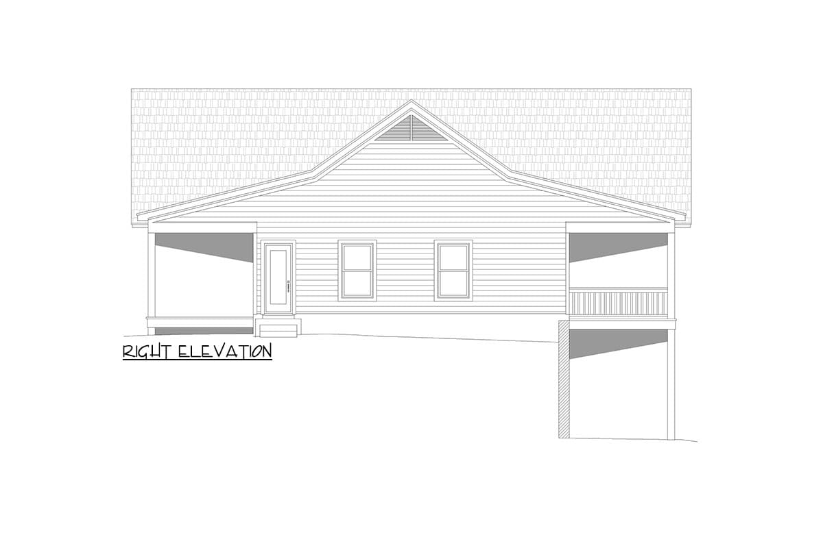 Right elevation of a house plan showing a gable, two windows, a front porch, and a side deck.