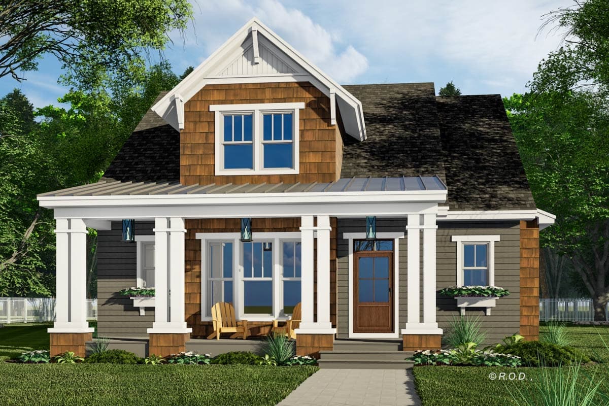 House plan exterior. Craftsman style, one story. Features include a covered porch with columns, a gable roof, and shake siding on the front gable.