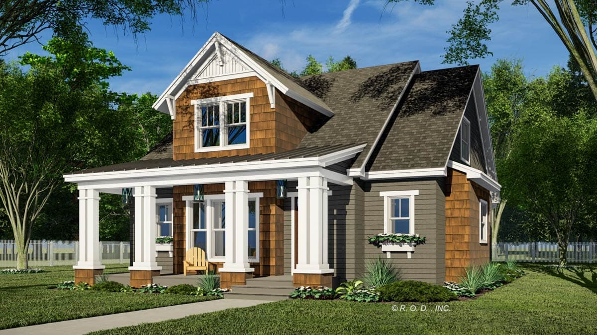 House plan exterior: two-story Modern Farmhouse with a prominent covered front porch, prominent gables, and mixed shingle and siding.