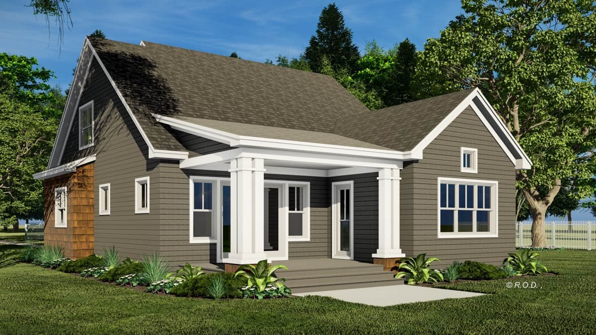House plan exterior: Craftsman style, one story, with a covered porch supported by square columns and multiple gables.