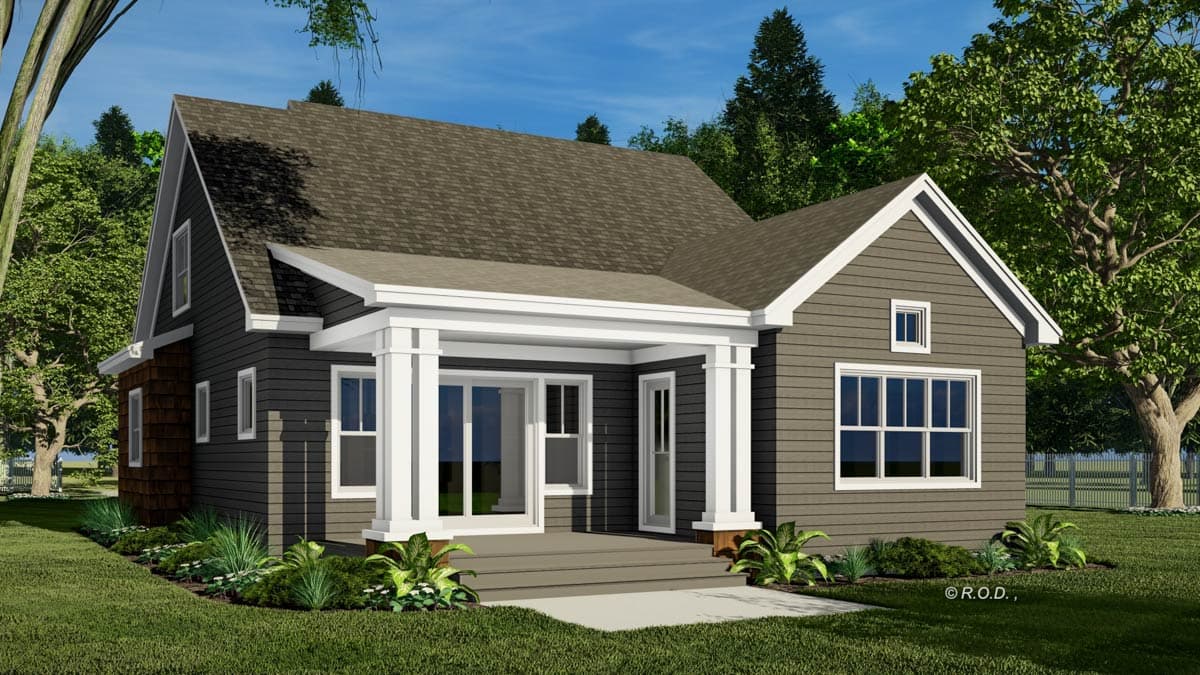 House plan exterior, two stories, with gabled roof, wide porch supported by square columns, and lap siding with shingle accents.